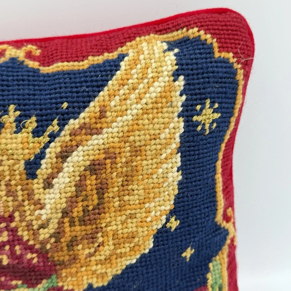 VTG Needlepoint Angel Pillow 9x9 Christmas Tapestry Cherub Folk Art‎ Decor
